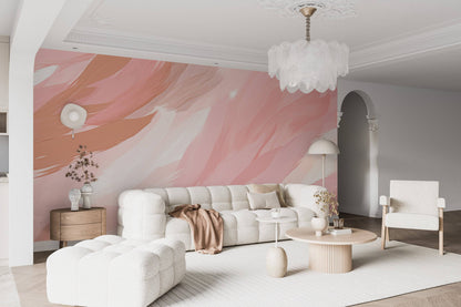 Watercolor Feathers Wallpaper in Pale Pink and White