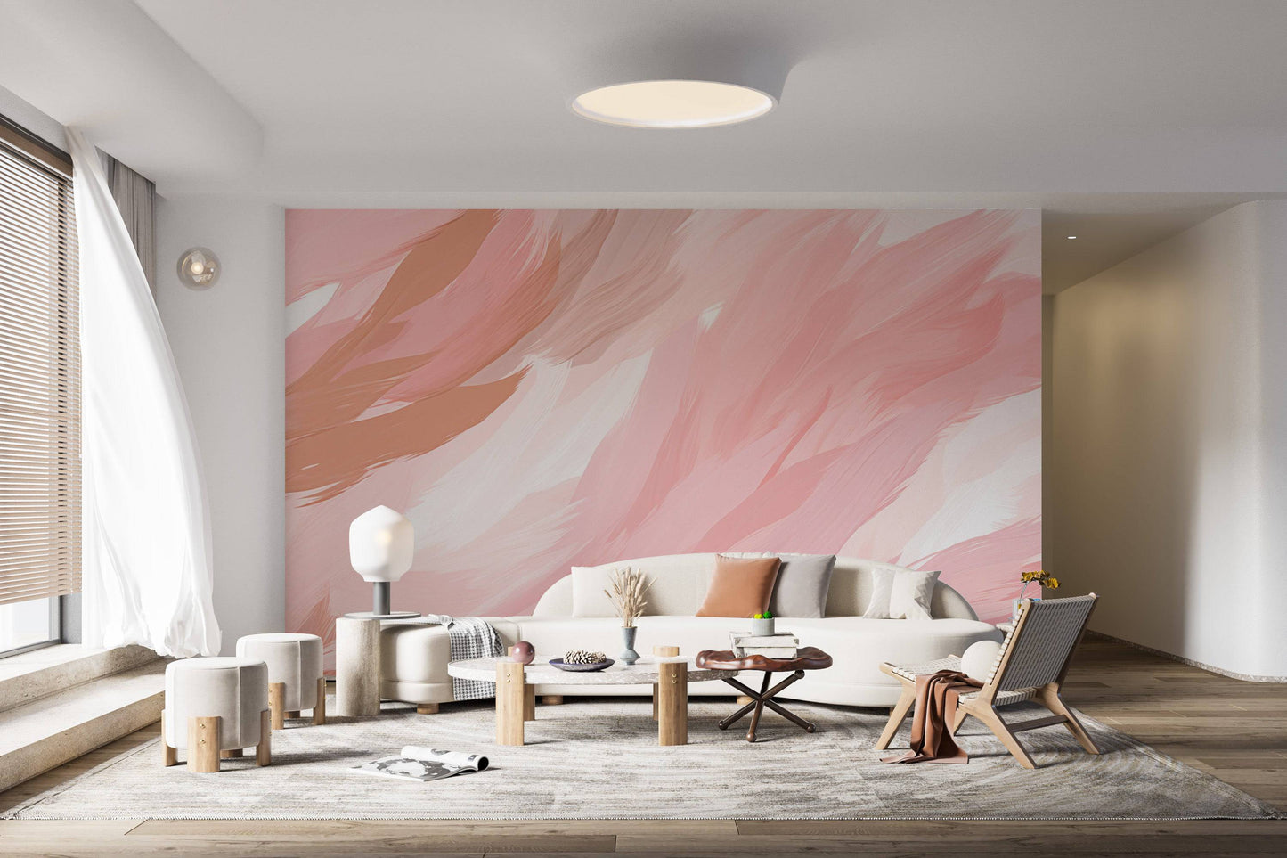 watercolor feathers wallpaper in pale pink and white